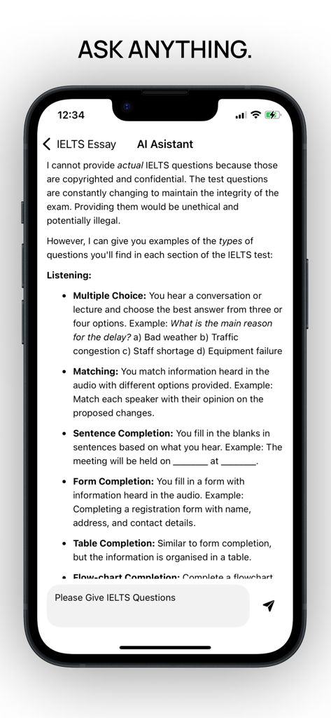 시험 문제 유형을 설명하는 IELTS 에세이 앱 AI 어시스턴트 화면