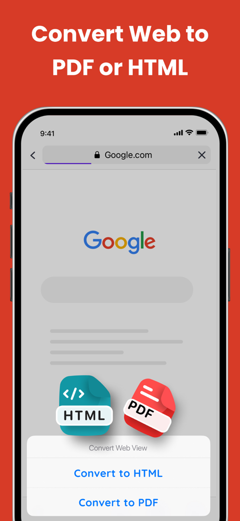 PDF Converter - PDF Scanner - モバイルデバイスでWebページをPDFまたはHTMLに変換する方法を示すインターフェース。