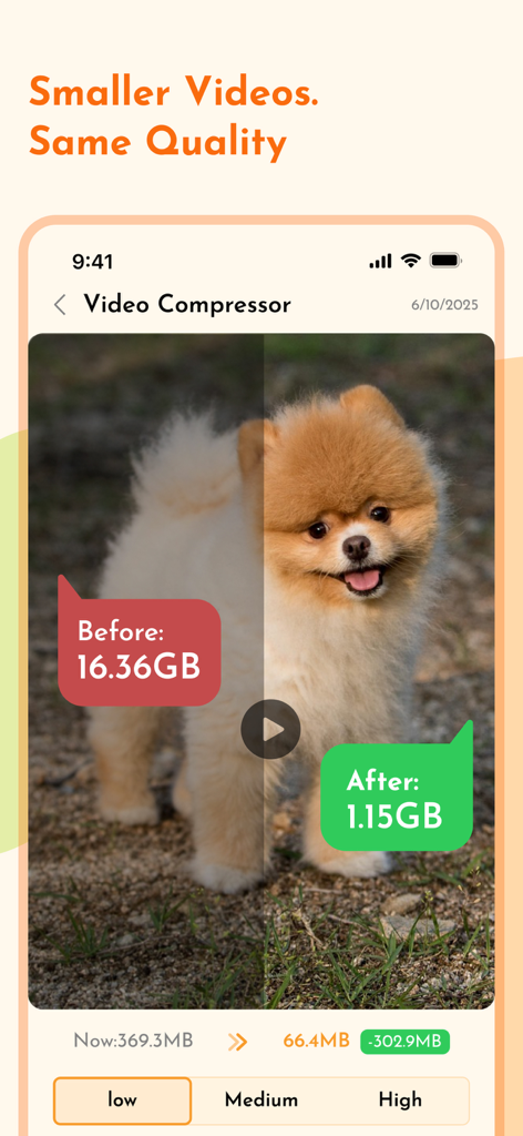 Una pantalla dividida en la aplicación Doggy Cleaner mostrando una reducción significativa en el tamaño del archivo de video después de la compresión