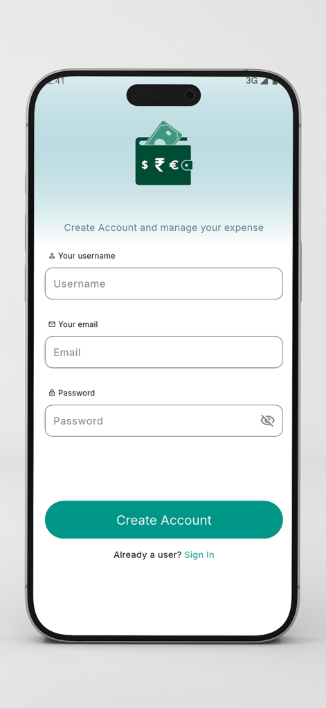 Finzee :: Expense Tracker - Sign up page for the Finzee expense tracker app with username email and password fields