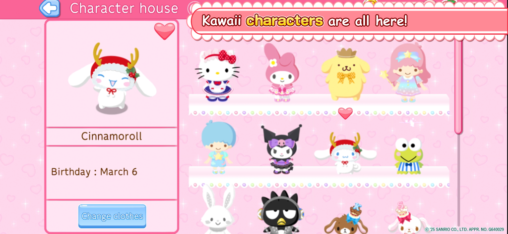 Hello Kitty World 2 - 시나모롤과 헬로키티를 포함한 산리오 캐릭터 컬렉션이 표시된 헬로키티 월드 2 캐릭터 하우스 화면