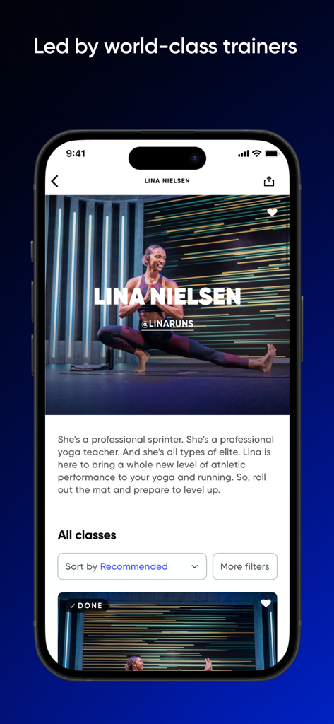 Fiit: Workouts & Fitness Plans - A profile screen of trainer Lina Nielsen on the Fiit app featuring her bio and yoga classes.
