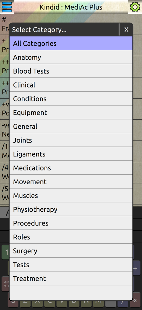 MediAc Plus - Ein Auswahlmenü in der MediAc Plus App mit 17 medizinischen Kategorien zum Filtern von Akronymen und Terminologie.