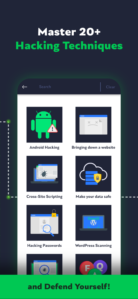 A mobile interface from HackerX showing ethical hacking modules like Android hacking and password security