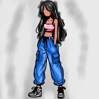 girl in baggy pants crop top and long hair