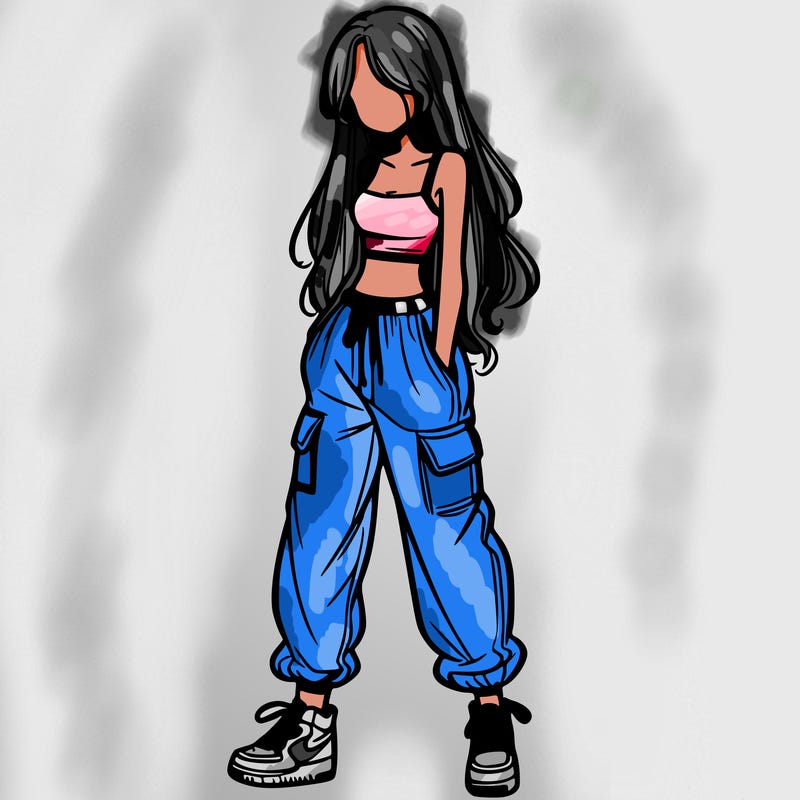 girl in baggy pants crop top and long hair