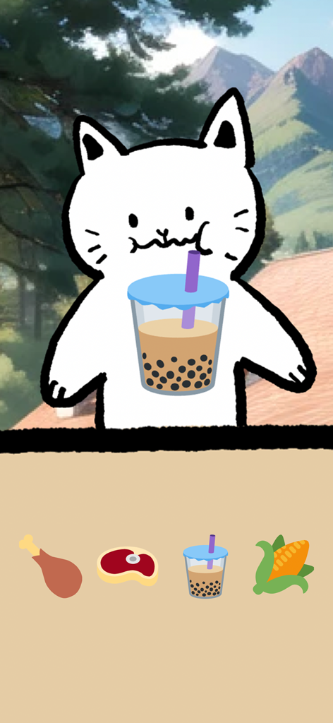 Un gato blanco de dibujos animados bebiendo té boba en un juego de simulación de mukbang con emojis de comida como bistec y maíz debajo