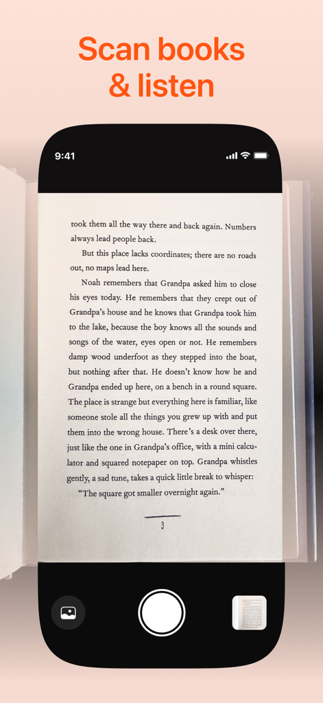 A smartphone using the Listen AI app to scan a physical book page for text to speech conversion
