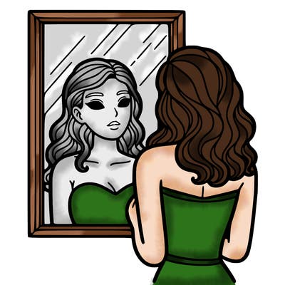 a woman looking at herself in the mirror.