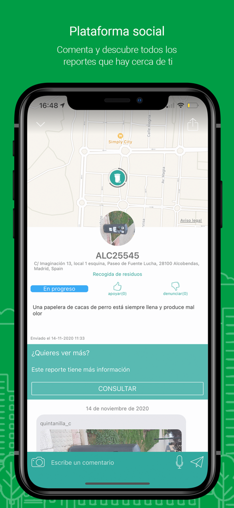 Captura de pantalla de la plataforma social de la app municipal de Alcobendas mostrando el reporte de un residente sobre un problema de recogida de residuos en un mapa.