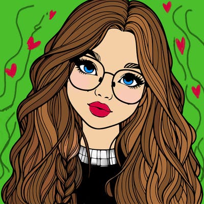 girl with long hair and freckles and glasses realistic