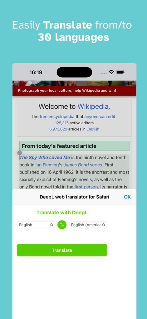 Safari拡張機能のTranslatorのモバイルインターフェース。ウェブ翻訳オプションが表示されています。
