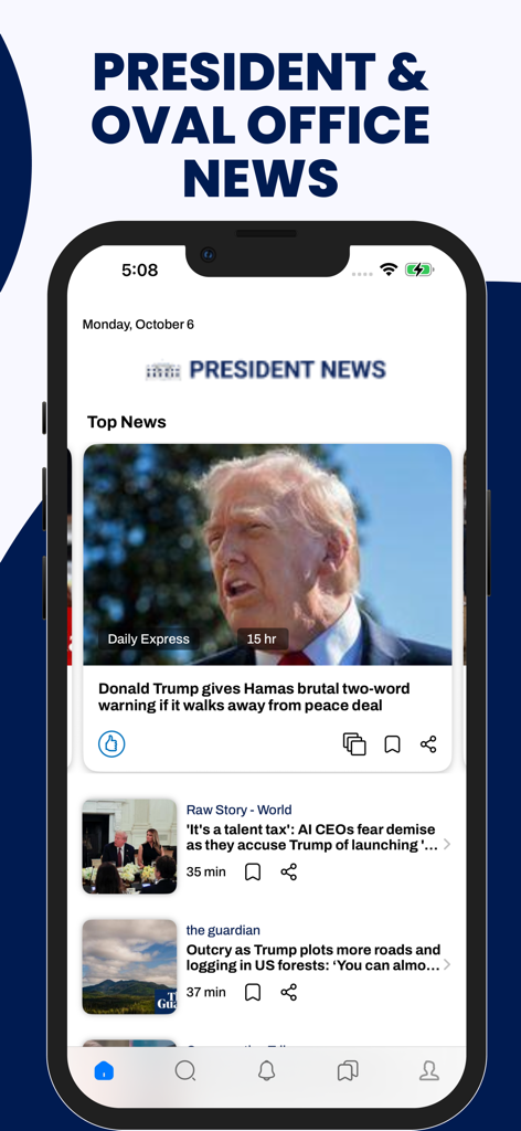 President & Oval Office News - Screenshot of the President and Oval Office News app displaying a news feed with political headlines from various sources