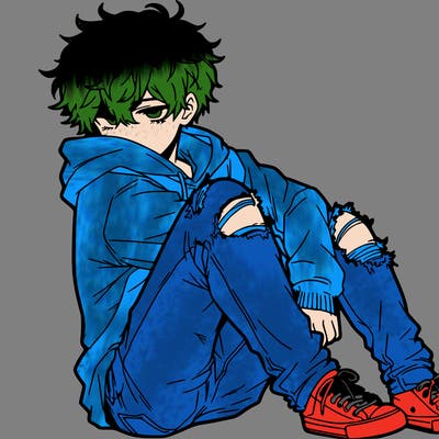a male hoddie ripped jeans messy hair anime