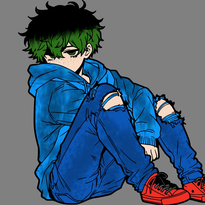 a male hoddie ripped jeans messy hair anime