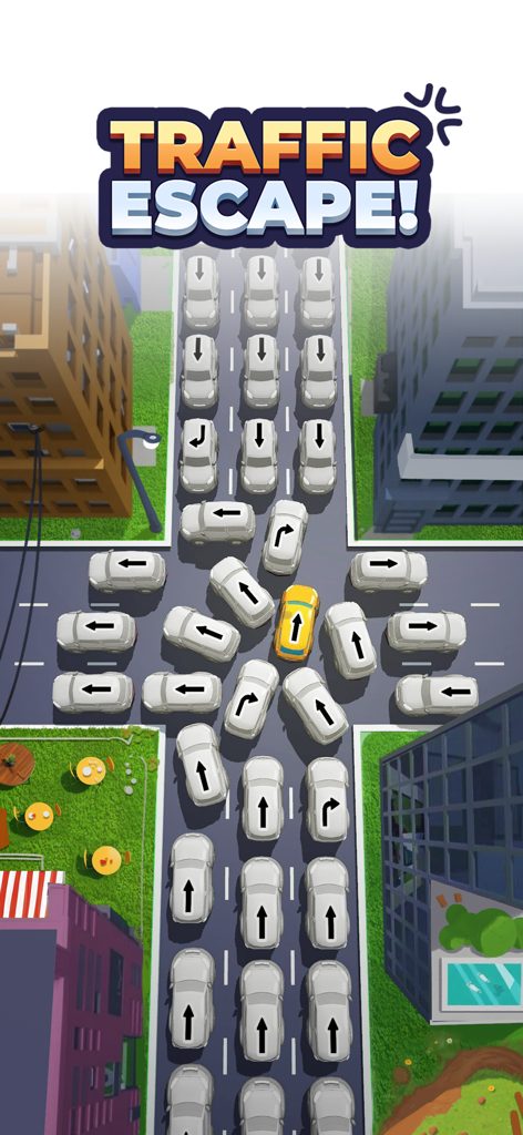 Traffic Escape! - Vista aérea de una intersección de ciudad con coches marcados por flechas en un juego de puzle de atascos.