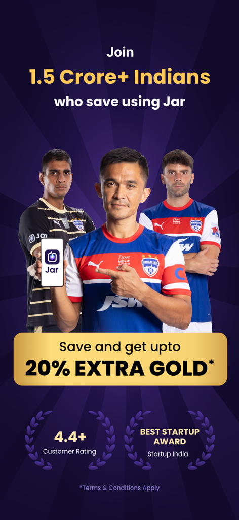 Jar:Save Money in Digital Gold - Werbebanner für die Jar-App mit Athleten und einem Angebot von 20 Prozent zusätzlichem Gold