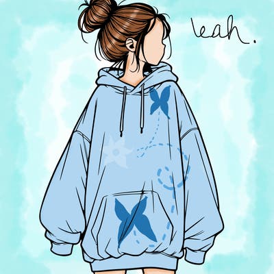 realistic girl with a oversized sweatshirt on and a bun