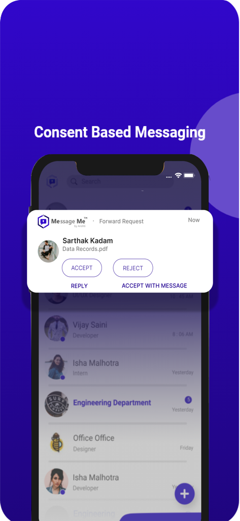 MessageMe™ - MessageMe app interface showing a consent-based forward request for a sensitive document with accept and reject options.
