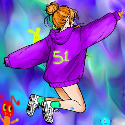 realistic girl jumping with a bun and oversized sweatshirt