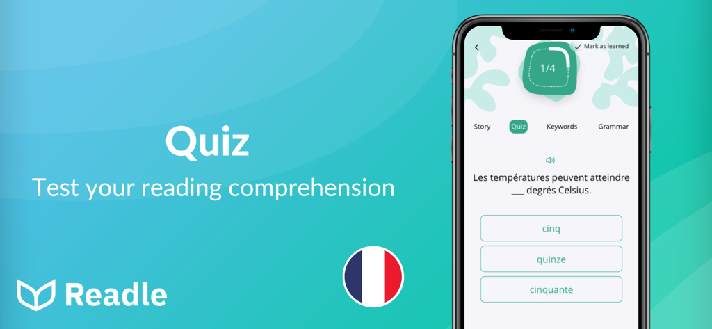 Readle app quiz interface for testing French reading comprehension.