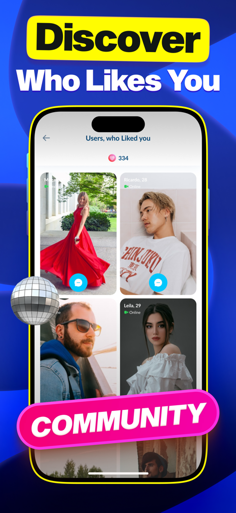 Interfaz de la aplicación Olive mostrando una lista de usuarios a los que les gustó tu perfil y una etiqueta de comunidad destacada.