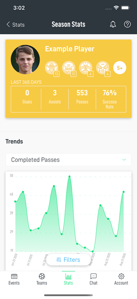 Ollie - Team/Club Management - Ollie app player profile showing season statistics and completed passes performance trends