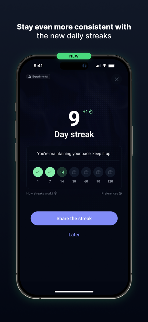 Ascend - Habit Tracker - A smartphone screen displaying the Ascend app nine day habit streak and milestone progress