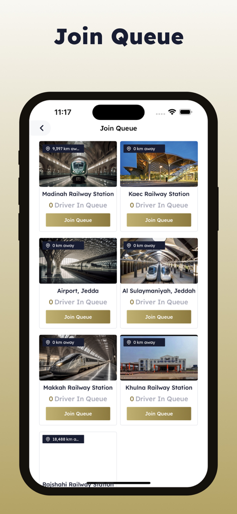 Msar Captain app screen displaying a list of transportation hubs and railway stations where drivers can join a queue