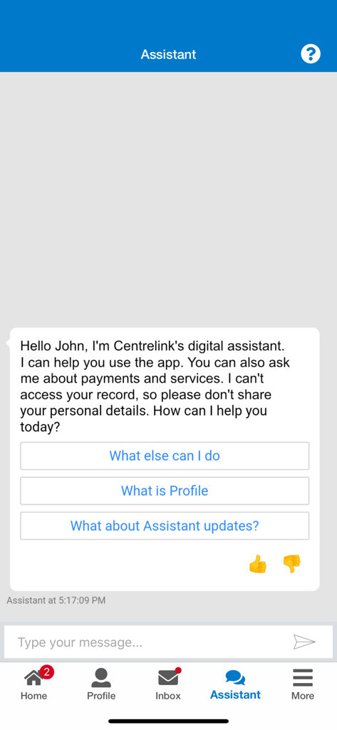 Digital assistant interface in the Express Plus Centrelink app showing a chatbot greeting a user named John.