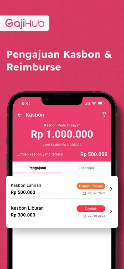 Gajihub - Payroll & Absensi - Um smartphone mostrando a interface do aplicativo Gajihub para solicitações de adiantamento salarial e reembolso de funcionários