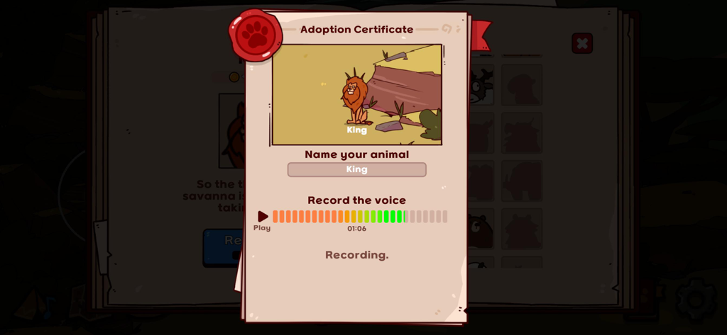 MyVoiceZoo Game - MyVoiceZooアプリのアダプション証明書画面。キングという名前のライオンが表示され、動物の名前を付けたり、その声を録音したりするオプションがあります。