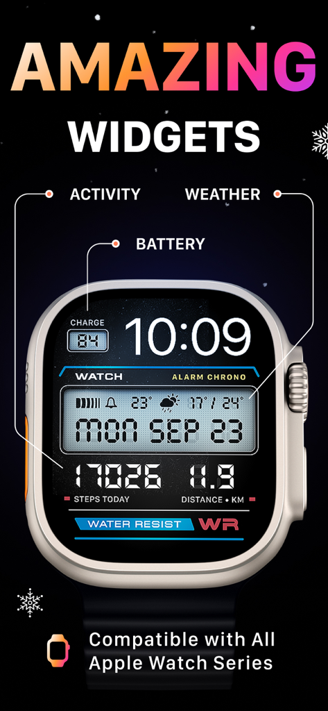 Apple Watch Ultra showing a retro digital watch face with activity and weather complications