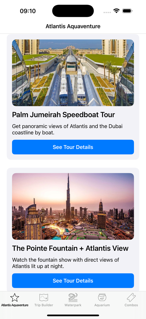 Interfaccia dell'app Atlantis Aquaventure che elenca opzioni di tour in motoscafo e fontane a Dubai.