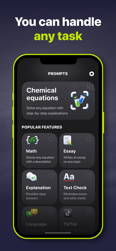 Smart Solver – AI Homework Aid - Smart Solver app interface showing AI features for math science and essay homework help