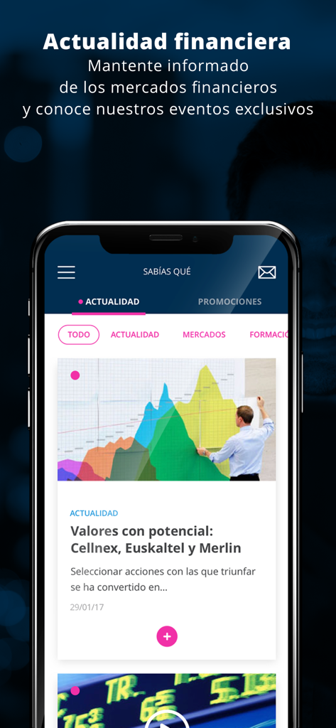 Mutuactivos - Interfaz de la aplicación Mutuactivos que muestra noticias financieras y gráficos de análisis de mercado