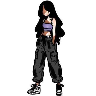 girl in baggy pants crop top and long hair