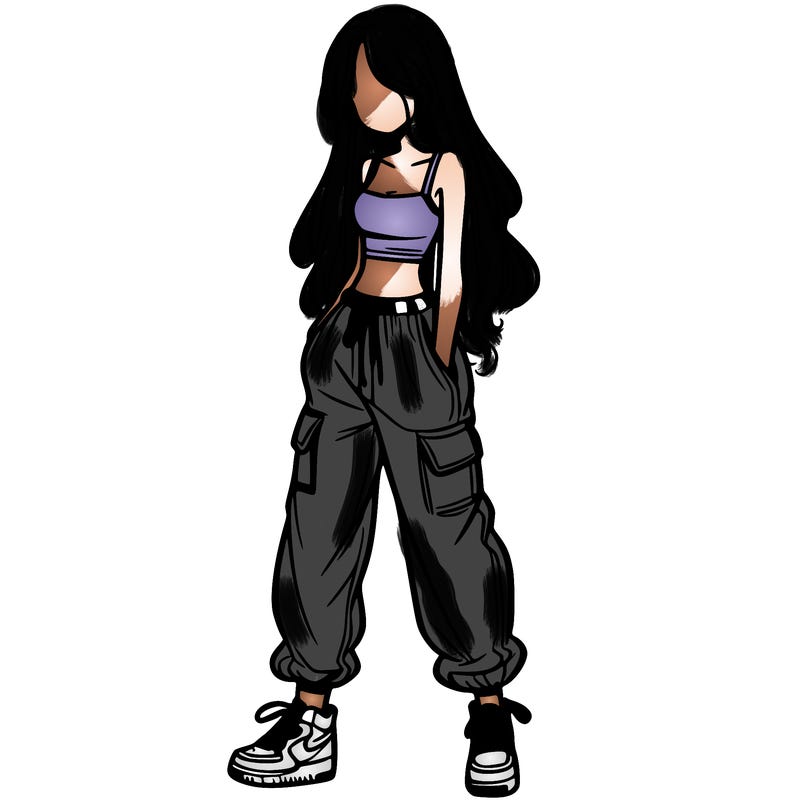 girl in baggy pants crop top and long hair