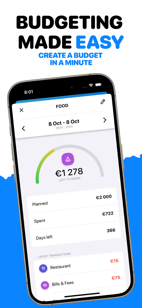 No Spend Tracker - Many - A smartphone screen displaying a food budget tracker with a progress arc showing remaining balance and recent transactions.