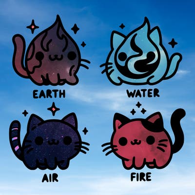 4 cats that represent the different elements, earth, water, air, and fire