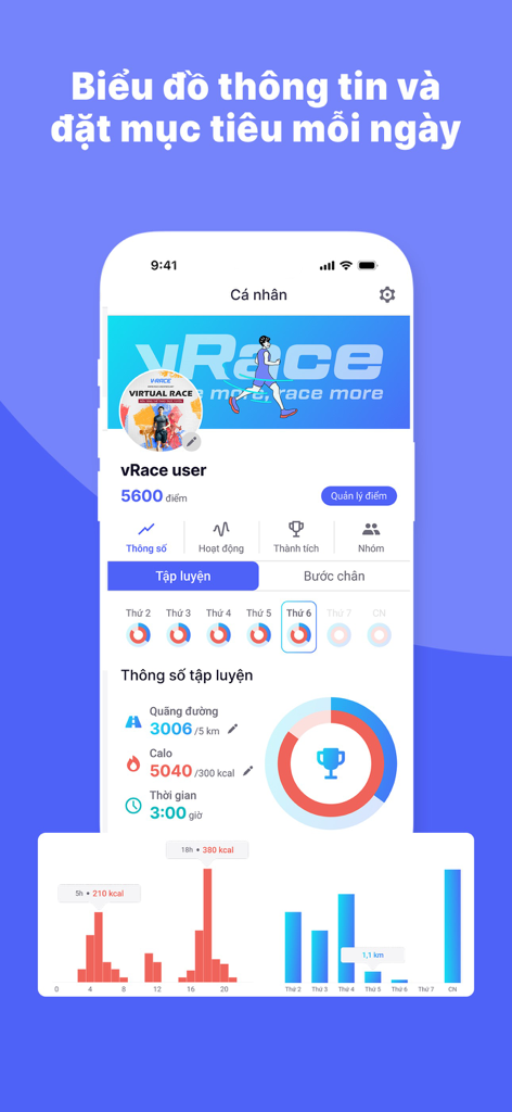 Personal dashboard in the vRace app showing daily training statistics and progress charts