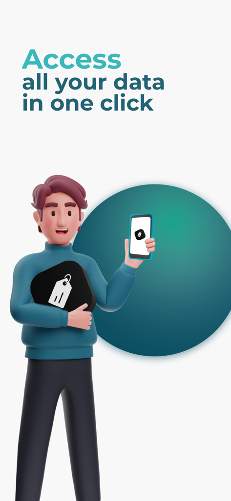 텍스트 '한 번의 클릭으로 모든 데이터에 액세스'가 표시된 스마트폰을 들고 있는 3D 캐릭터