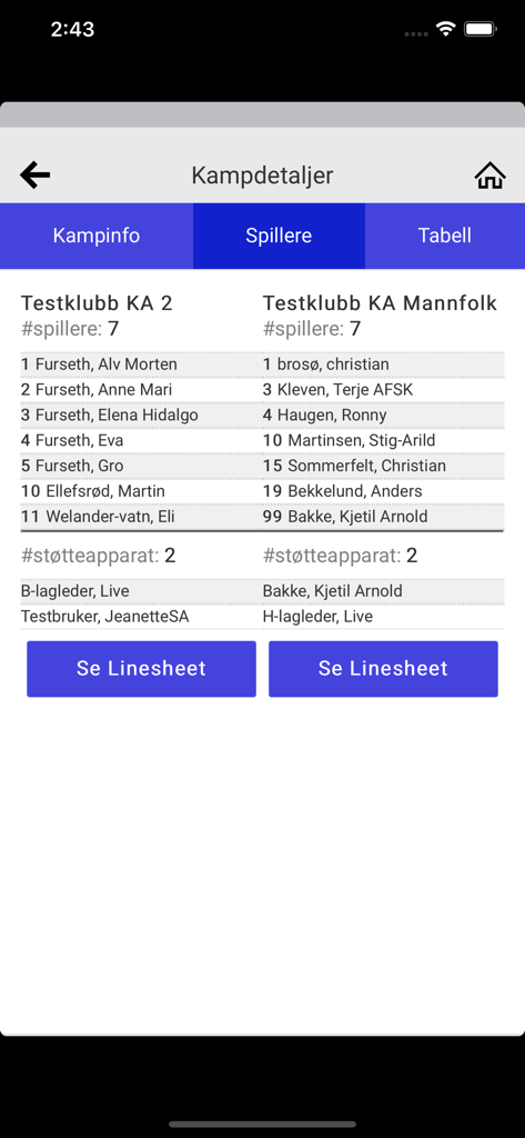 Min Hockey app interface showing match player lineups and team staff.