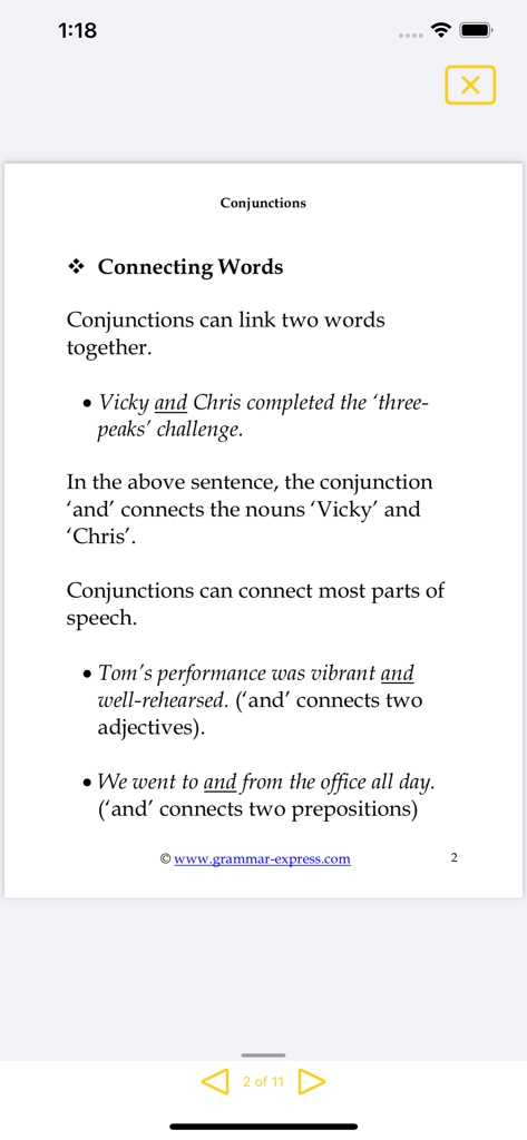 A digital lesson on conjunctions and connecting words within the Grammar Express app.