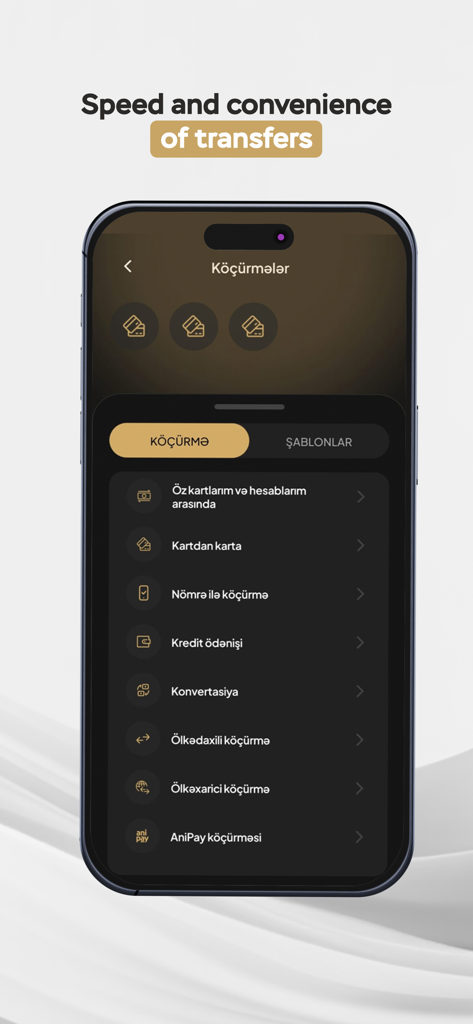 Interfaz móvil de la aplicación Premium Bank que muestra diferentes opciones de transferencia de dinero en idioma azerbaiyano.