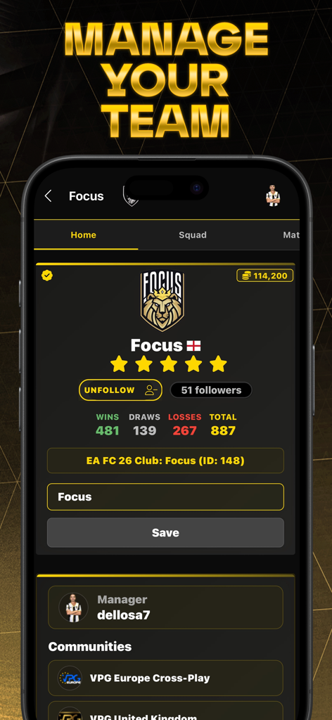 Virtual Pro Gaming - Mobile screen of Virtual Pro Gaming app showing team stats and club management