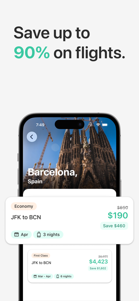 Vaya app interface showing a ninety percent discount on flights from JFK to Barcelona