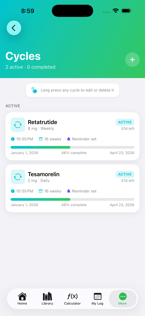 PepWise - Peptide Tracker - Screen showing active peptide cycles for Retatrutide and Tesamorelin in the PepWise tracker app.