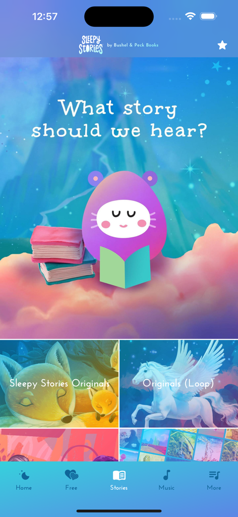 Sleepy Stories - Interfaz de la aplicación Sleepy Stories que muestra el menú de cuentos para dormir con categorías de libros ilustrados.