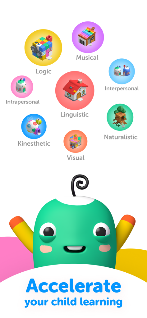 ABC World - Play and Learn - ABC World app screen displaying various learning categories like logic musical and linguistic skills